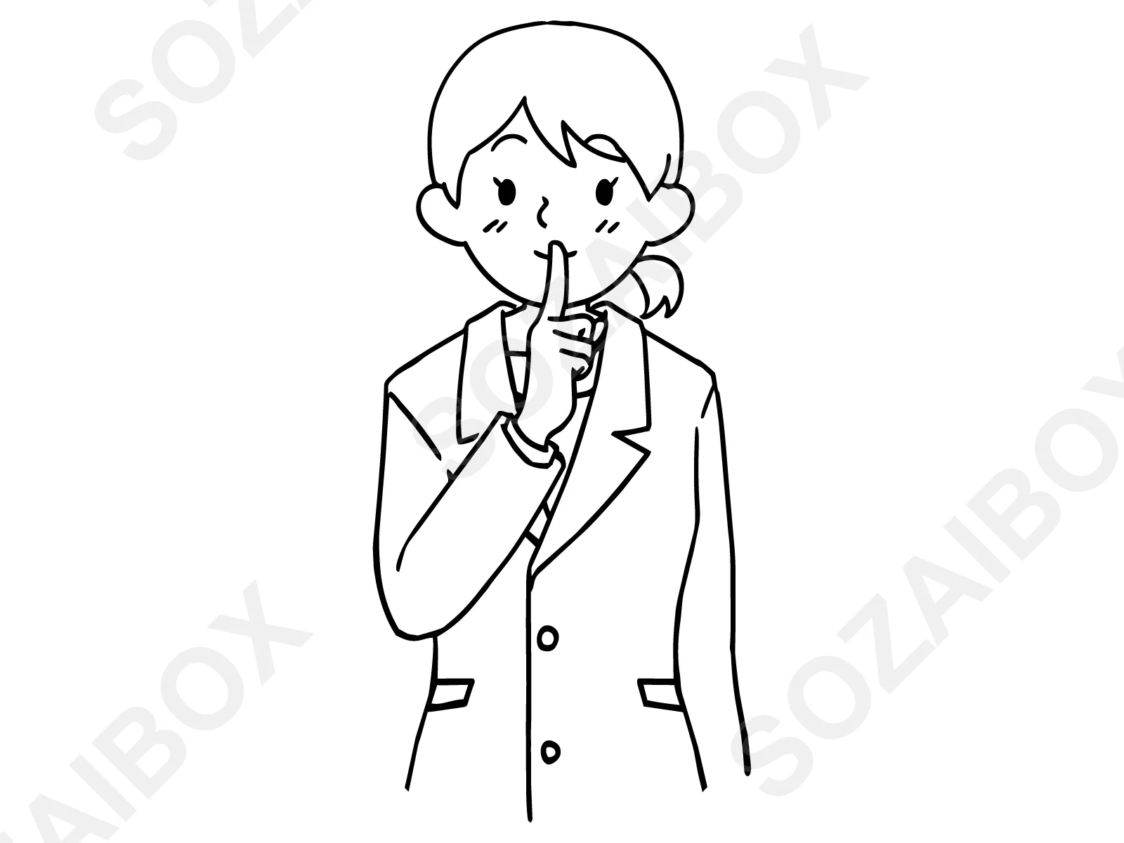 スーツ女性・シーッ口元指ポーズのモノクロ線画イラスト