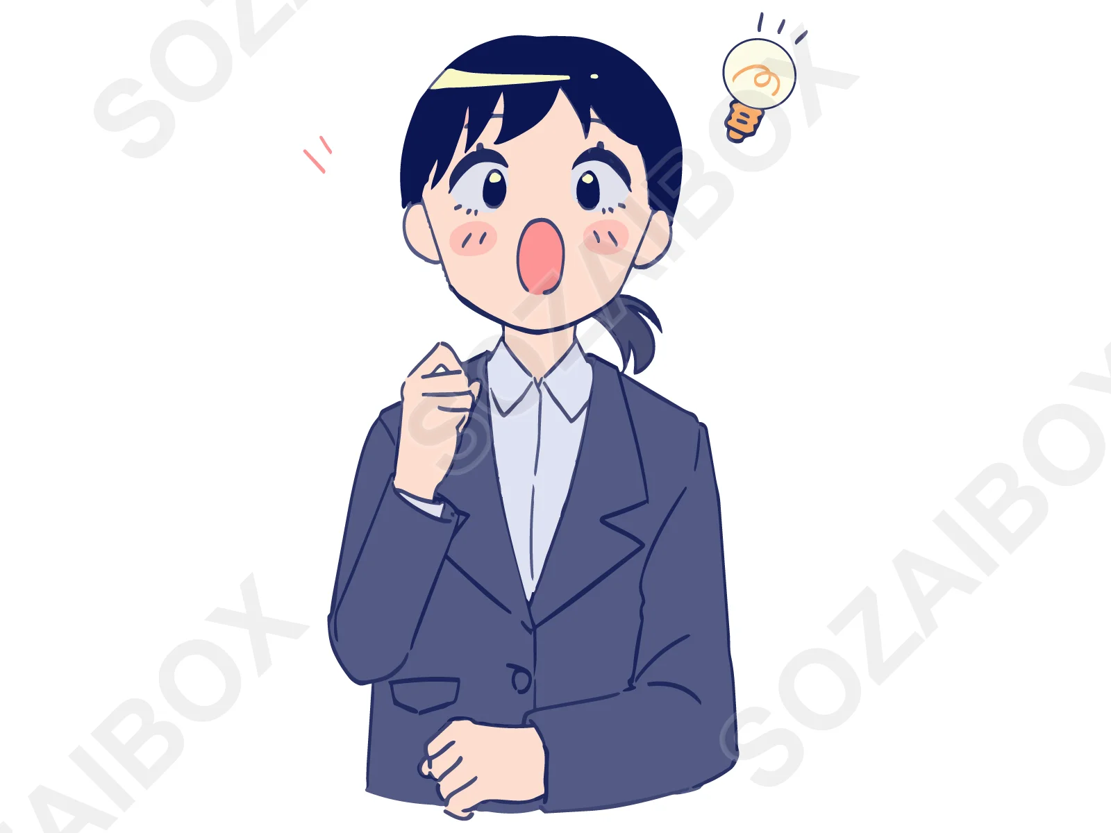 スーツ女性イラスト素材|閃き・電球・驚き