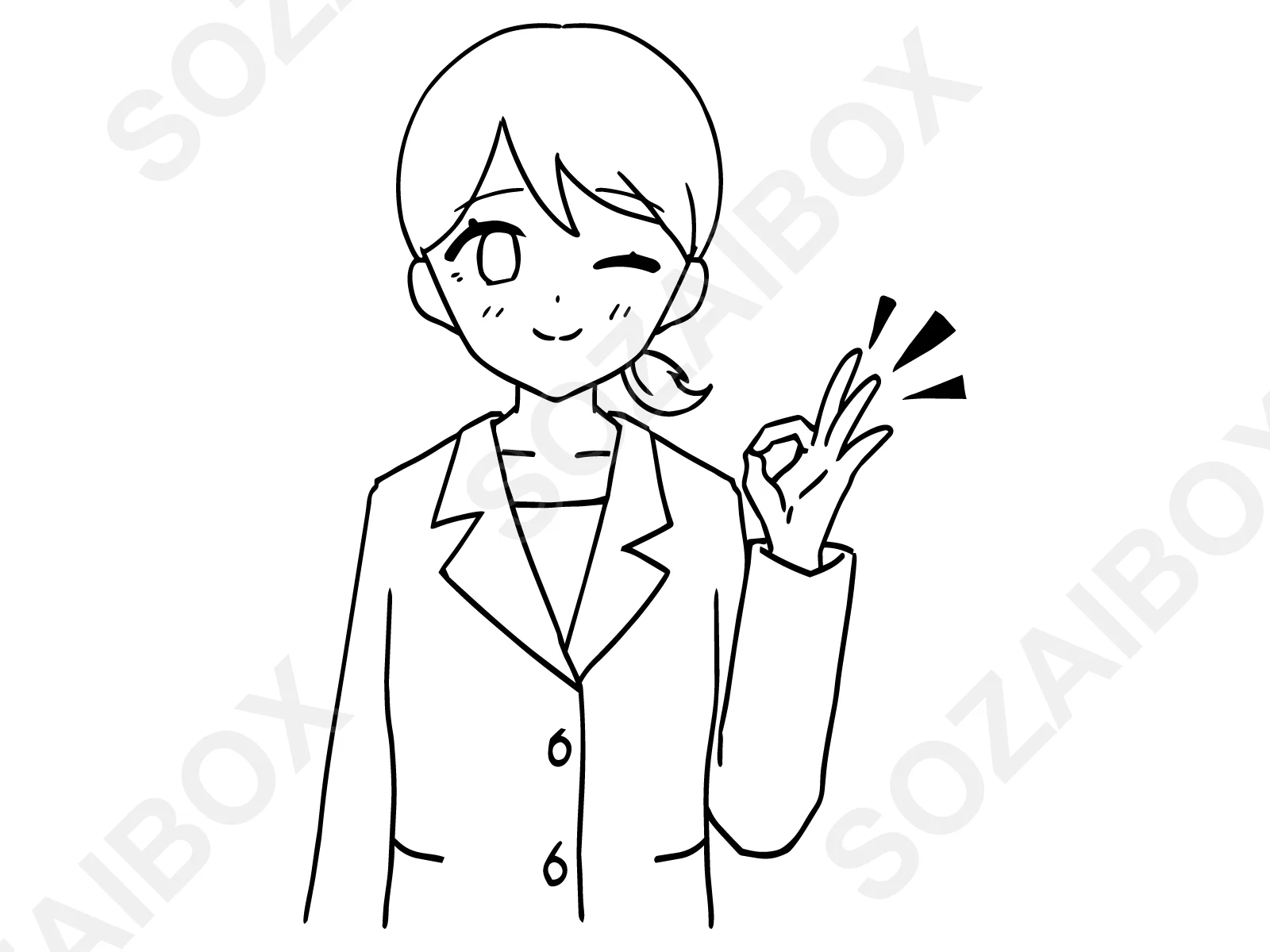 スーツ女性・OKサインウィンクのモノクロ線画イラスト