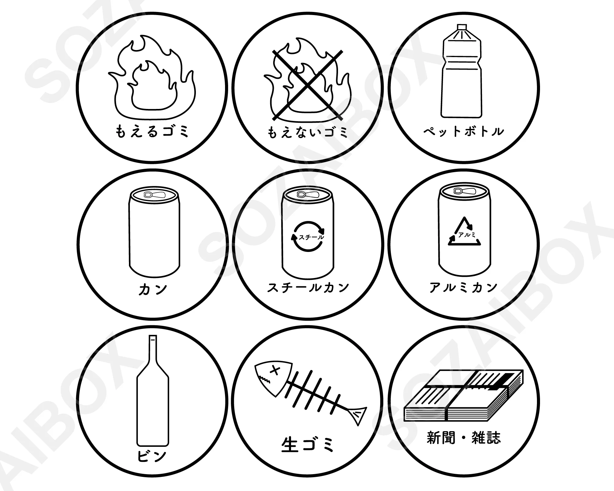 ゴミ分別アイコンセット素材 モノクロ線画・丸形9種