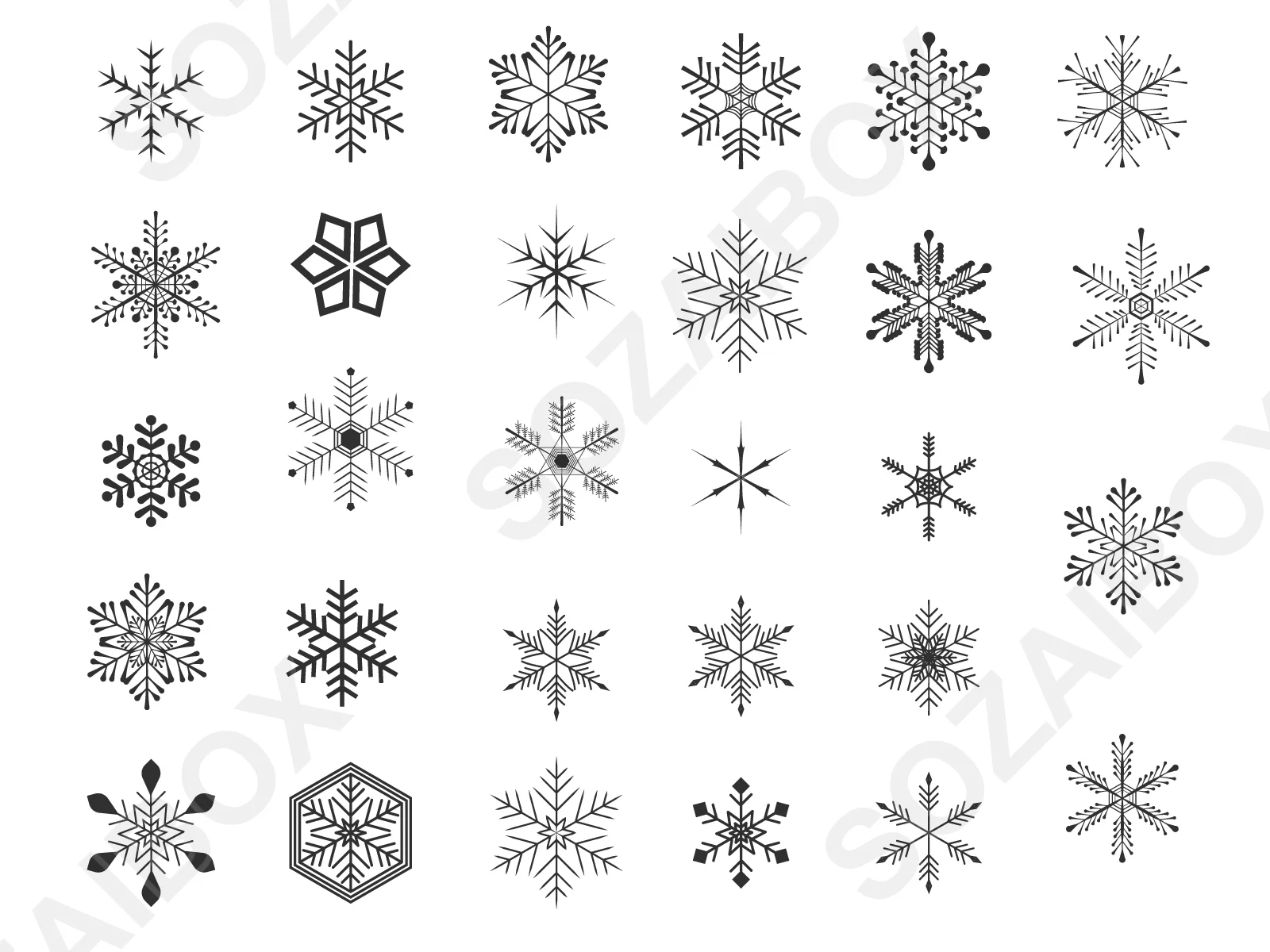 雪の結晶アイコンセット素材|モノクロ・白黒