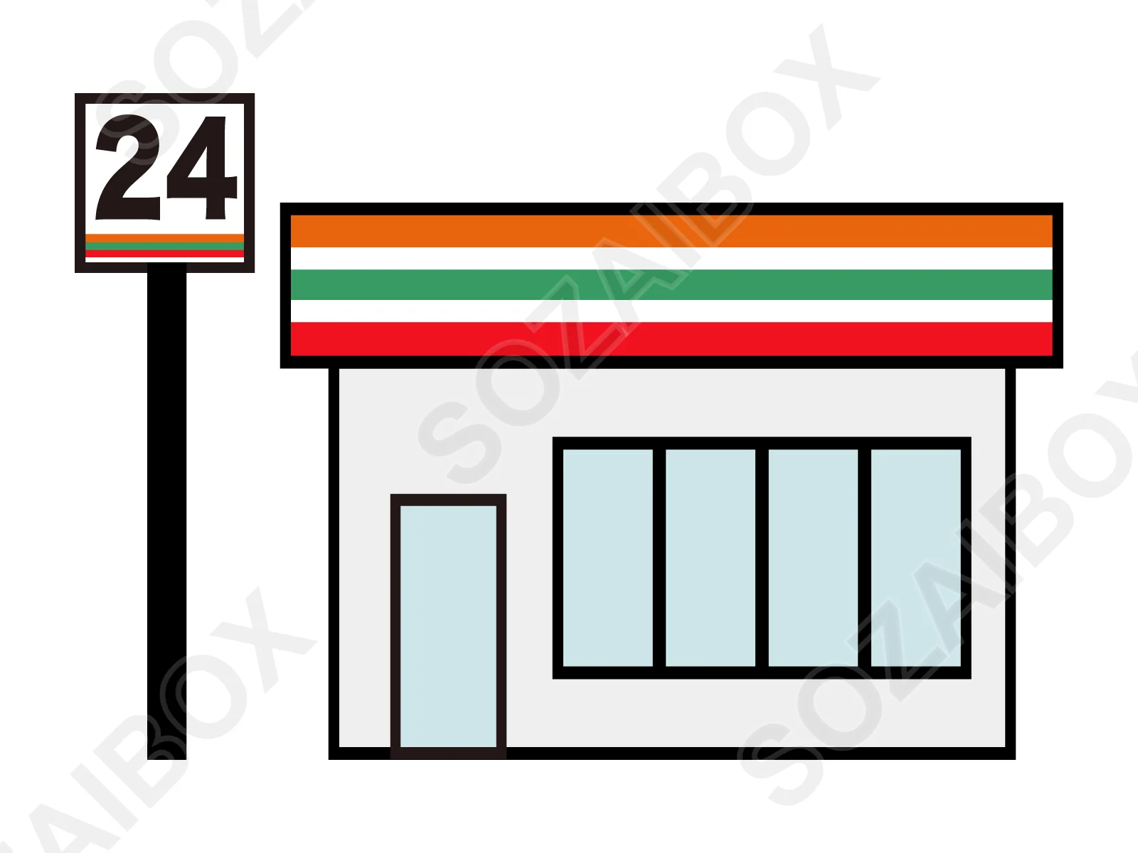 コンビニイラスト素材・24時間営業/オレンジ×緑×赤カラー店舗