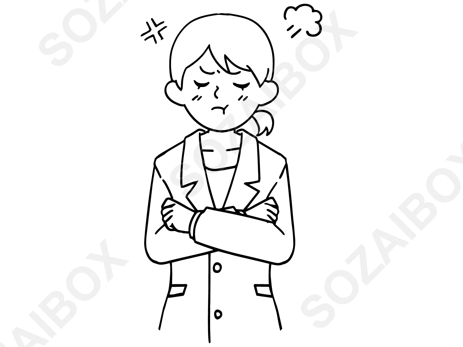 スーツ女性・腕組み怒っているポーズのモノクロ線画イラスト