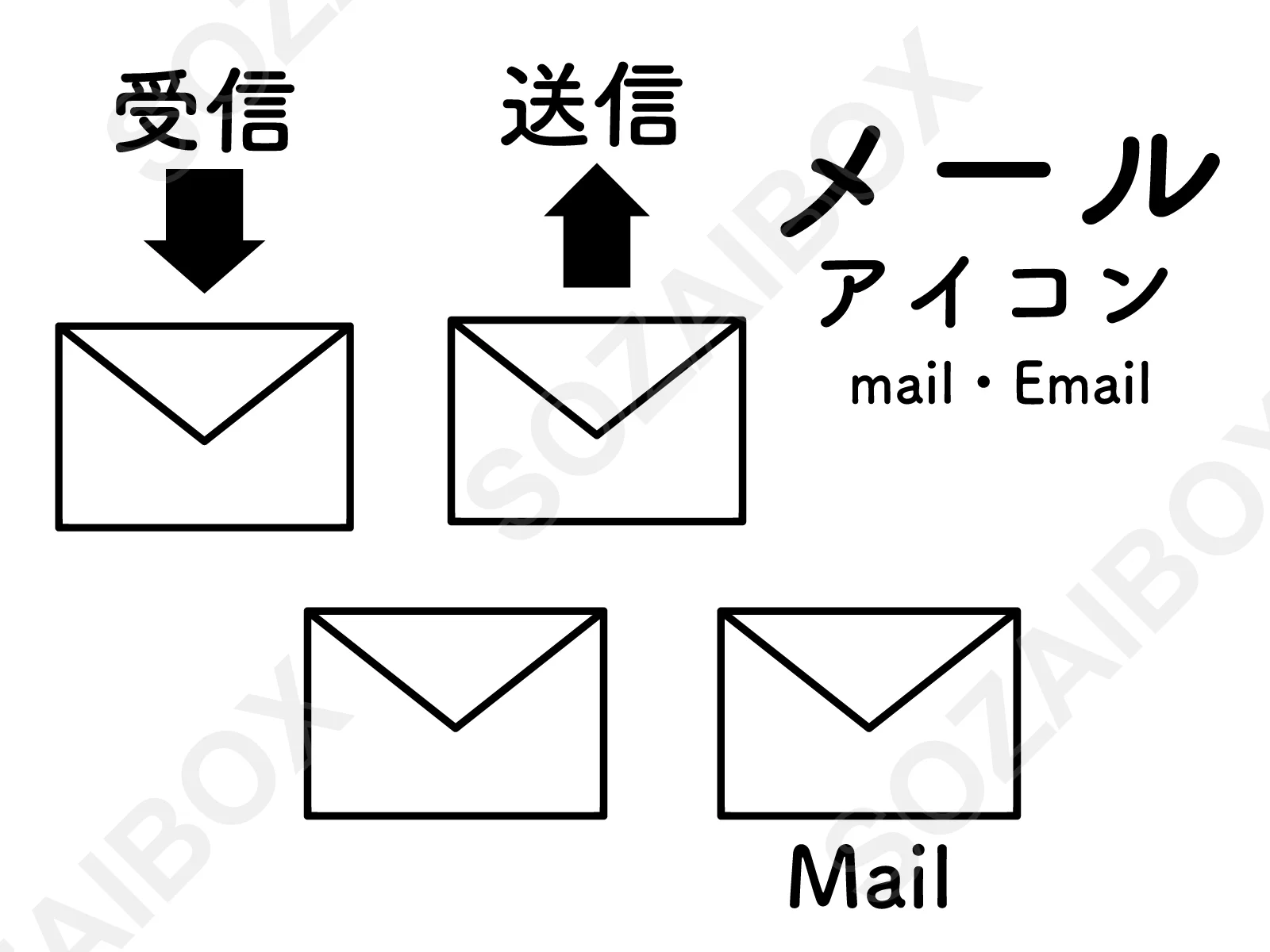 メールアイコンセット(封筒・モノクロ・受信送信)