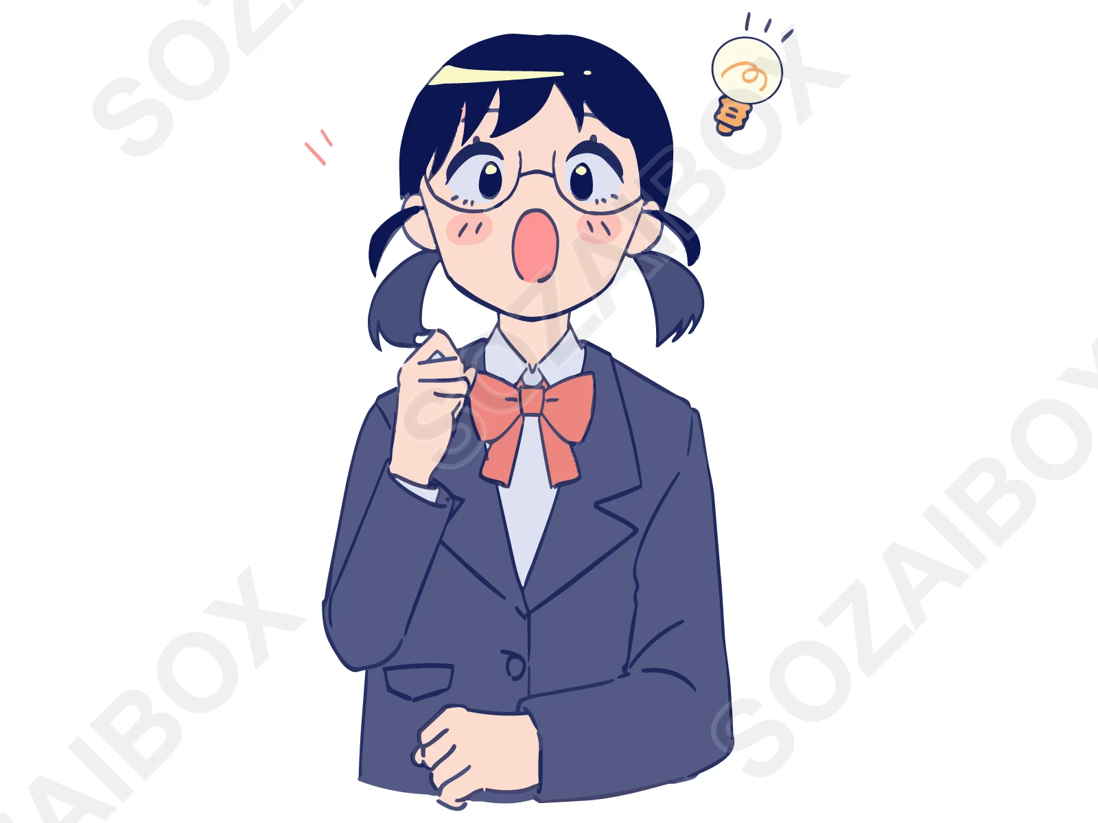 メガネ女子学生イラスト素材|アイデア閃き・電球・驚き