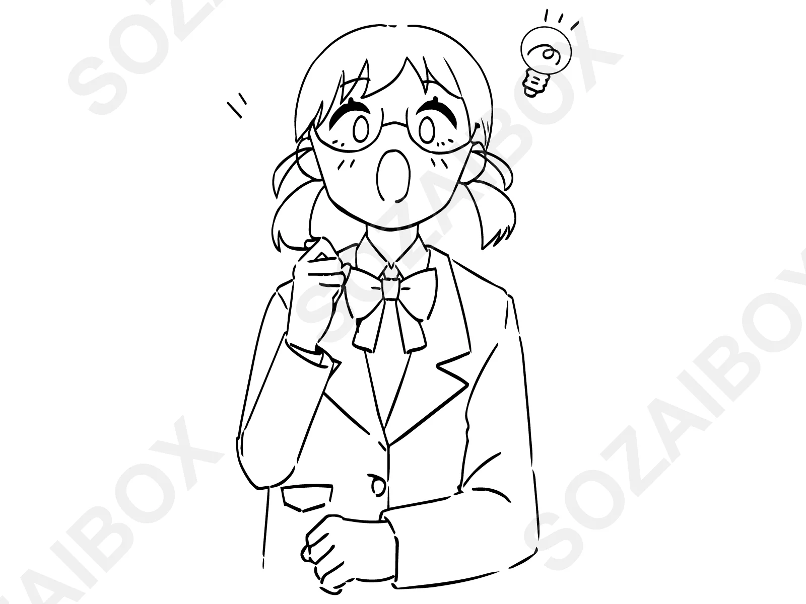 眼鏡の女子学生・閃きポーズのモノクロ線画イラスト