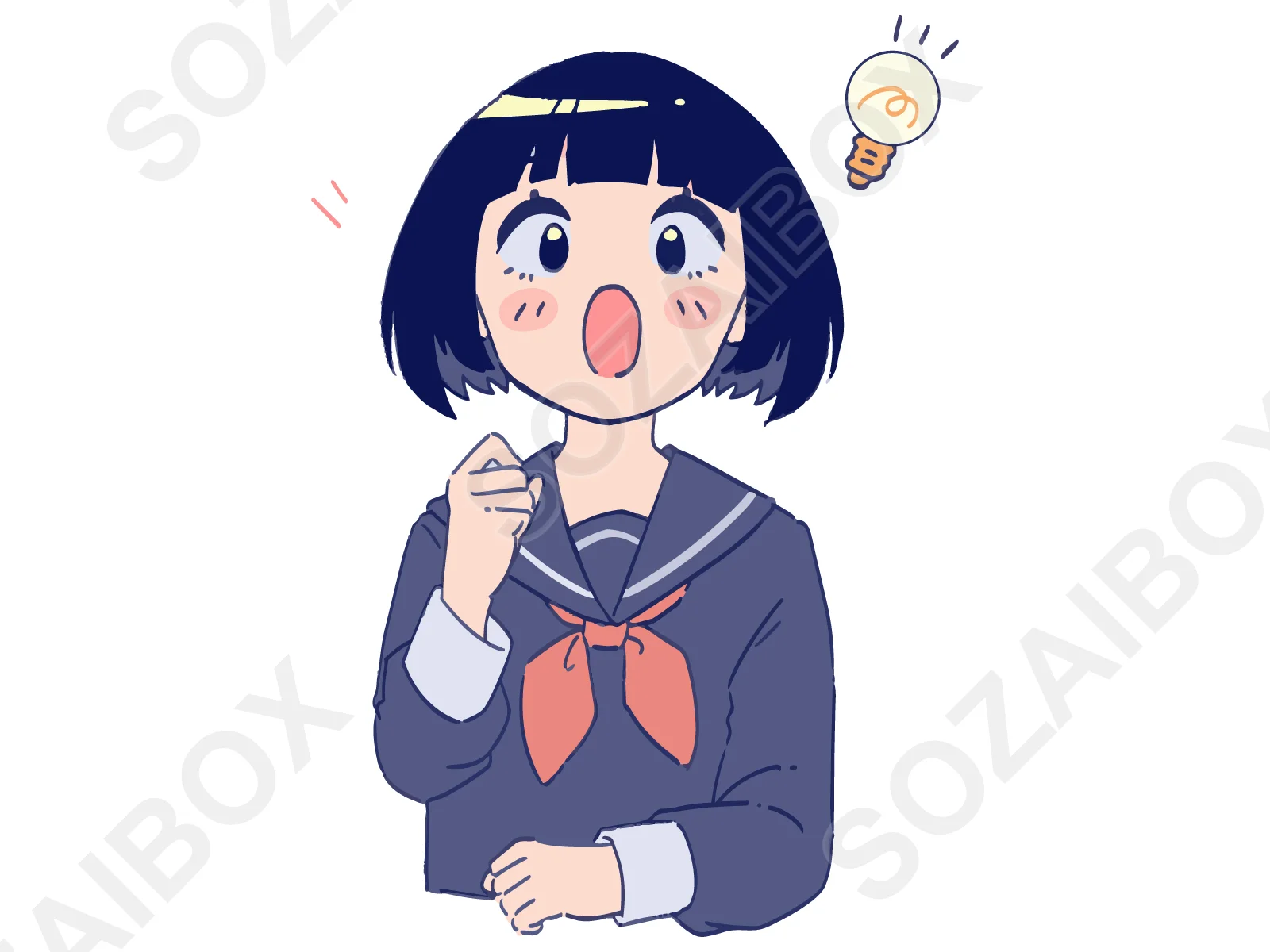 女子学生イラスト素材|セーラー服・アイデア閃き・電球・ボブヘア