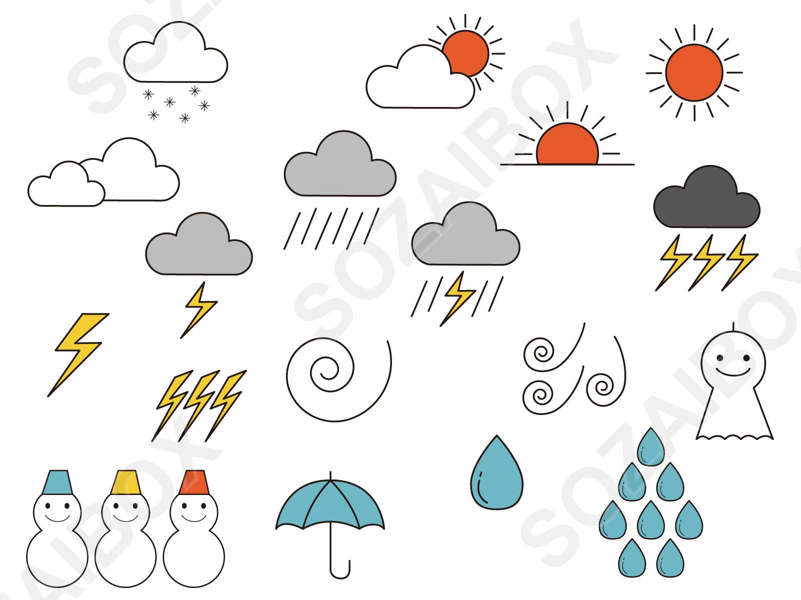 天気予報アイコンセット素材|カラー版