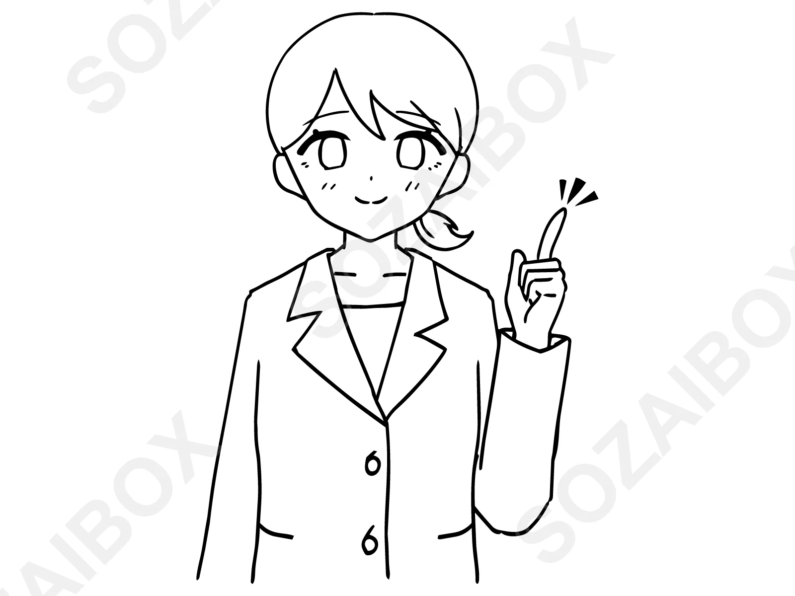 スーツ女性・人差し指立てポーズのモノクロ線画イラスト