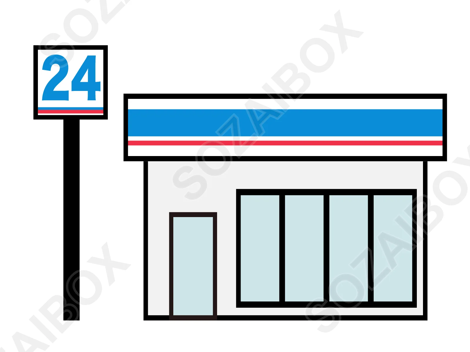 コンビニイラスト素材・24時間営業/ブルー×レッドカラー店舗