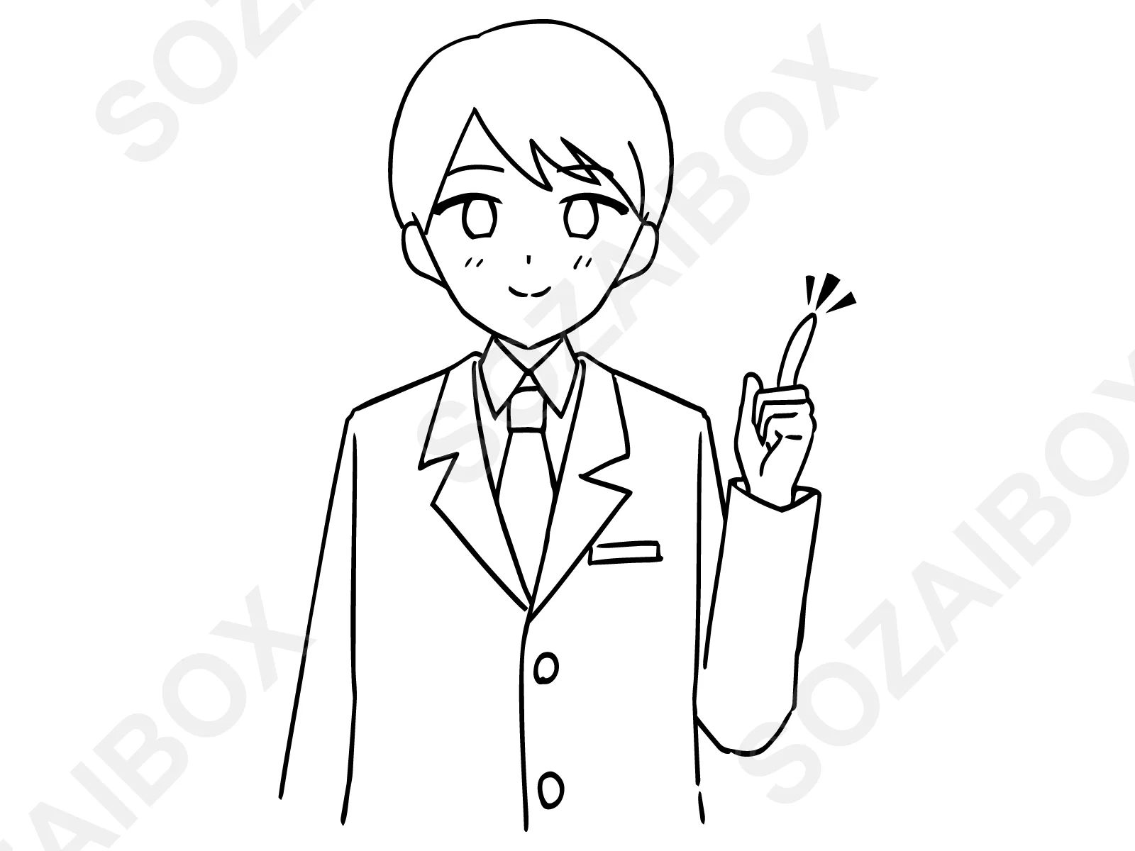 スーツ男性・人差し指立てポーズのモノクロ線画イラスト