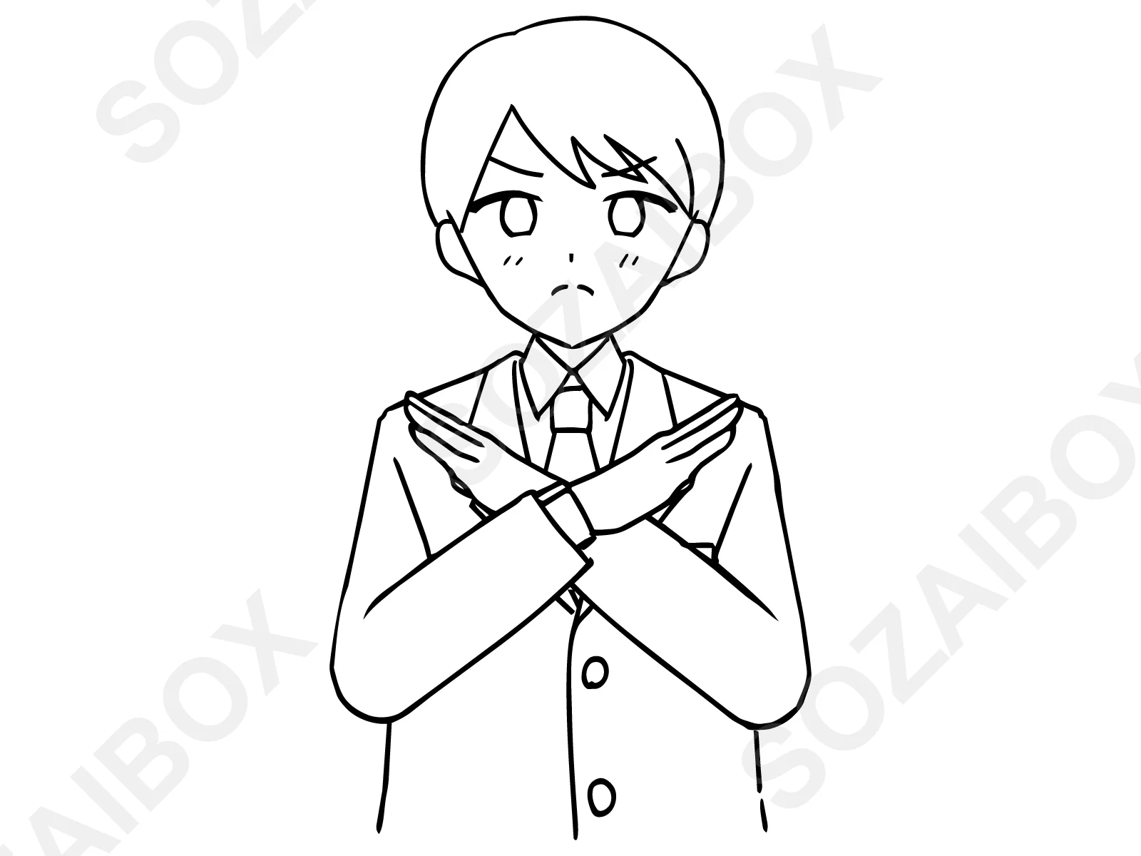 スーツ男性・腕バツ×拒否ポーズのモノクロ線画イラスト