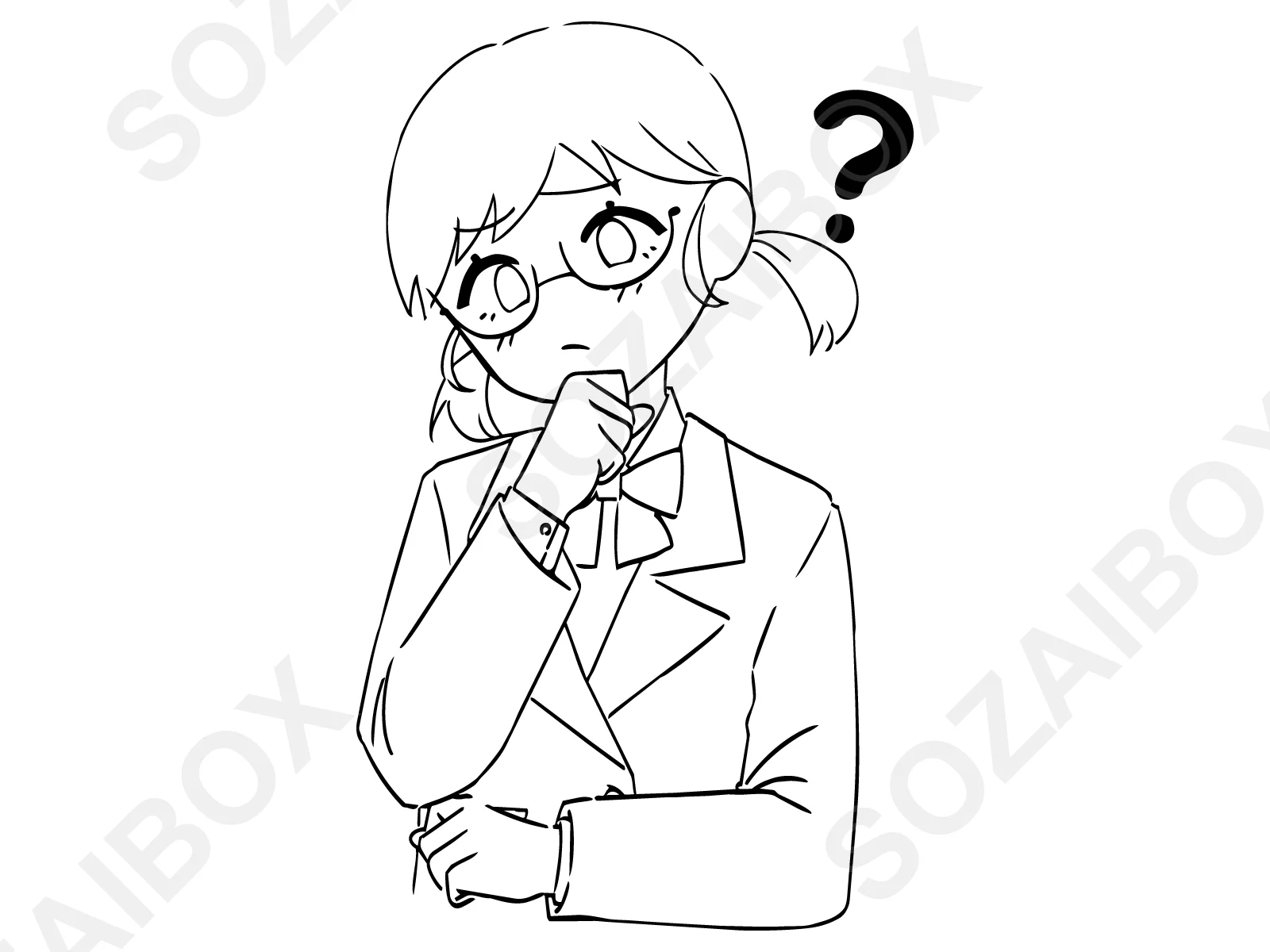 眼鏡の女子学生・疑問ポーズのモノクロ線画イラスト