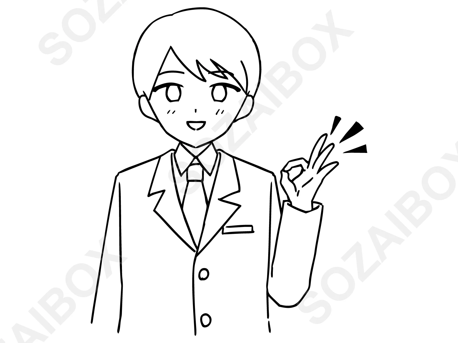 スーツ男性・OKサイン笑顔のモノクロ線画イラスト
