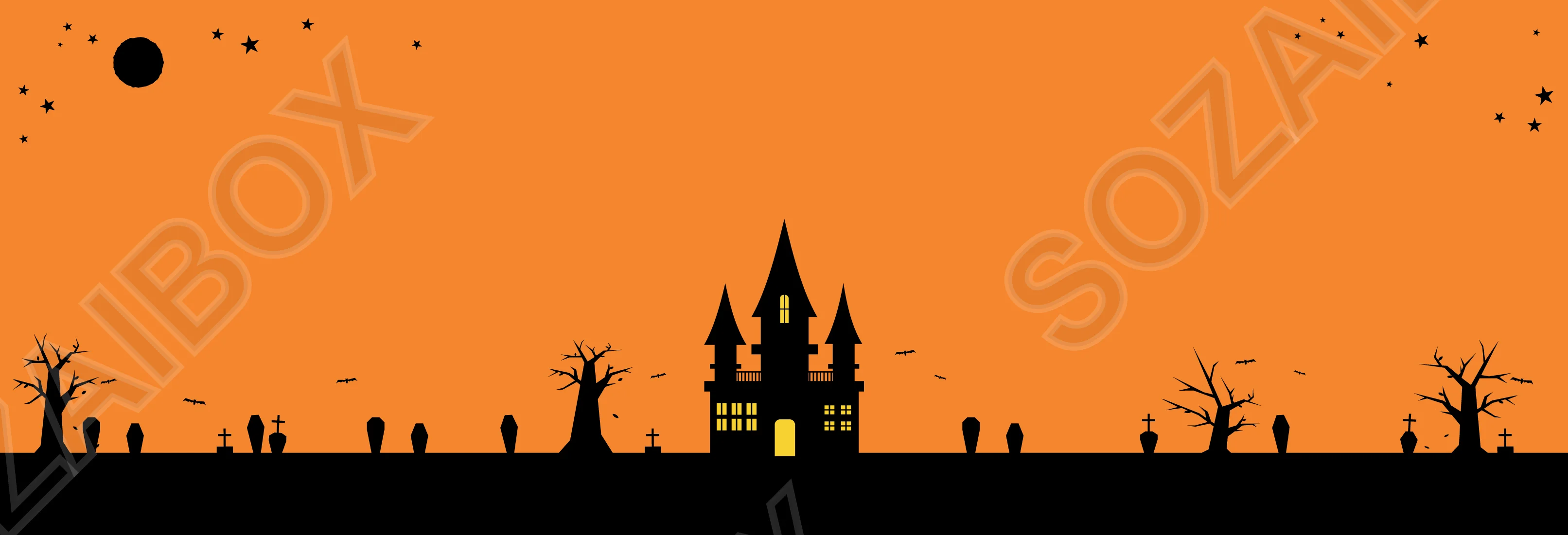 ハロウィン夜景シルエット横長背景(月・星あり)