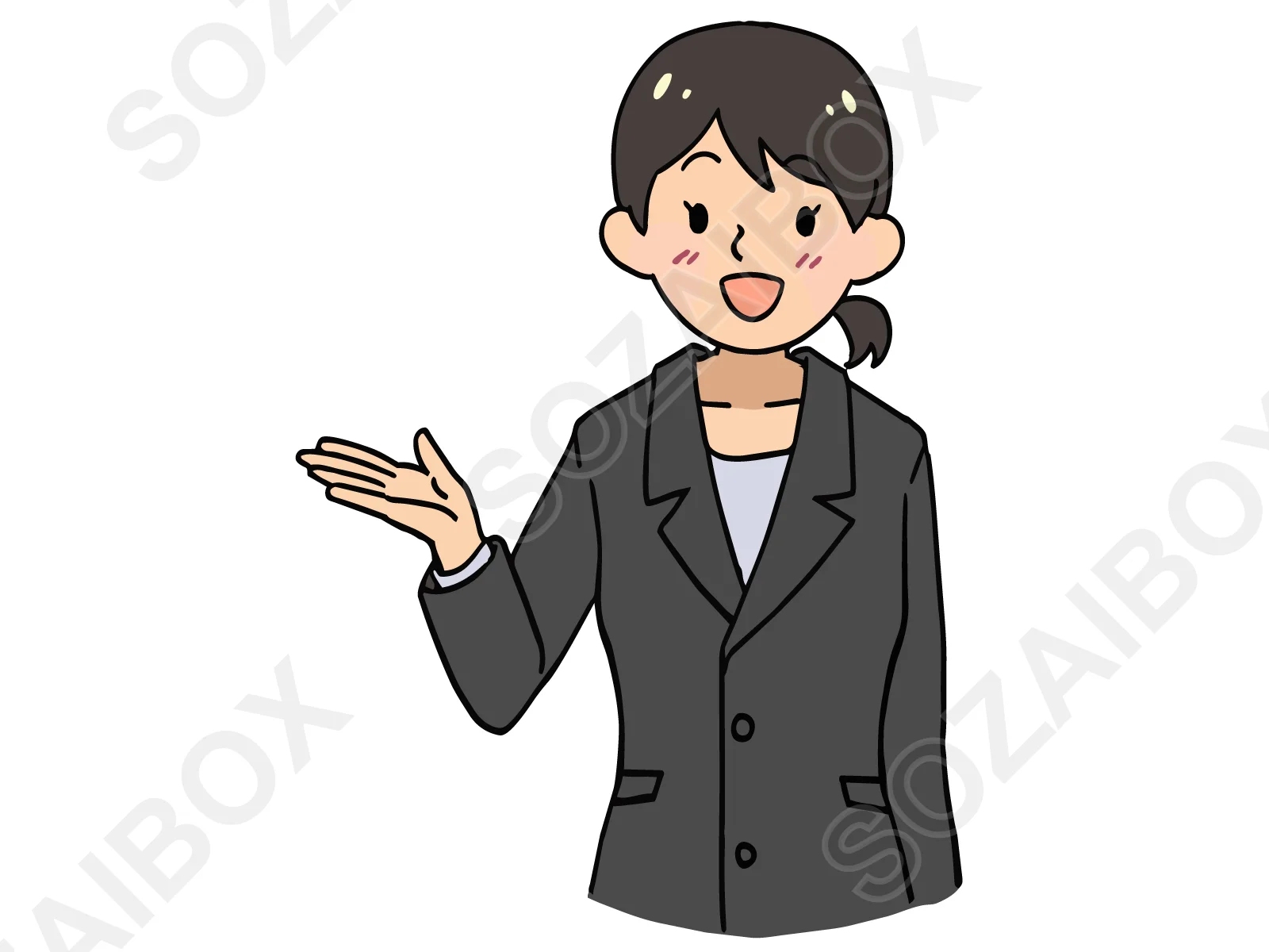スーツ女性イラスト素材|案内・手のひら・笑顔
