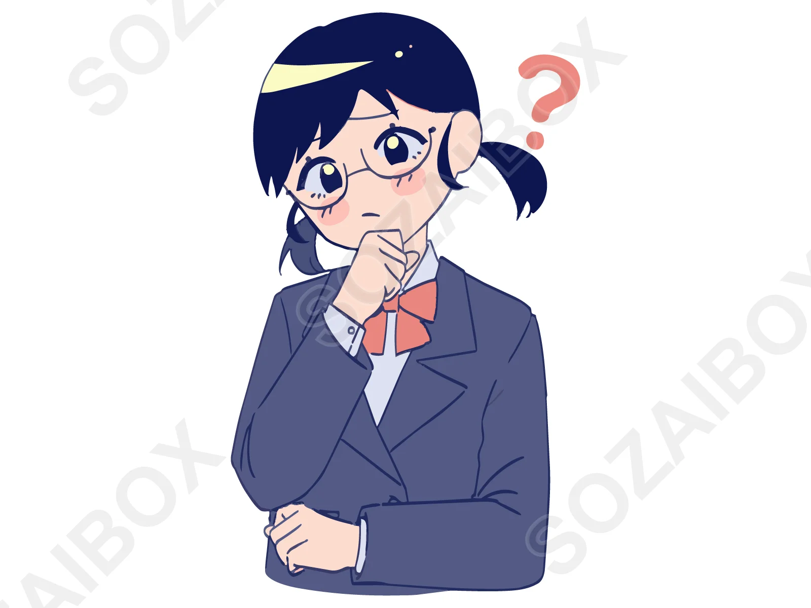 メガネ女子学生イラスト素材|疑問・考え中
