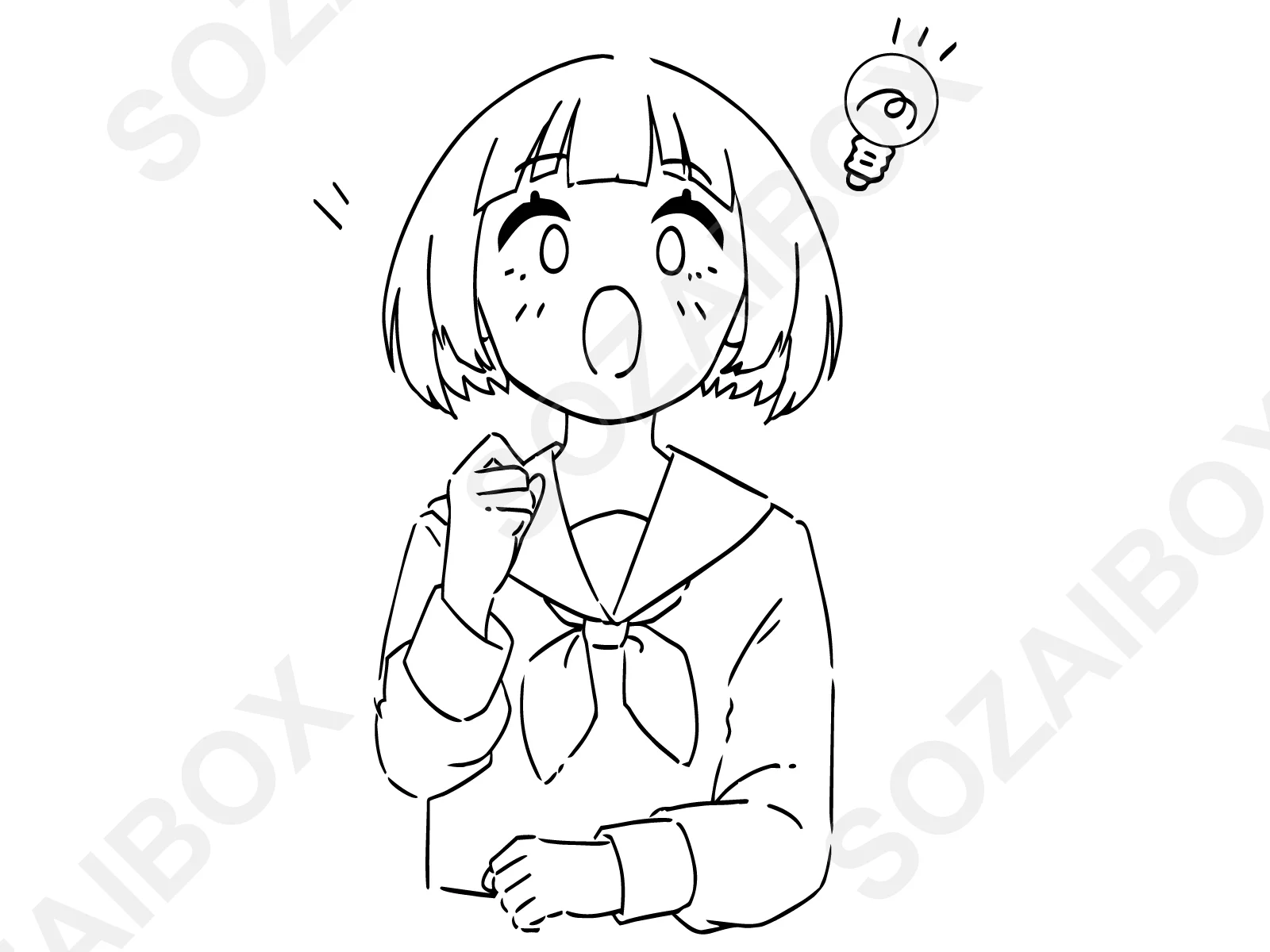 セーラー服の女子学生・閃きポーズのモノクロ線画イラスト