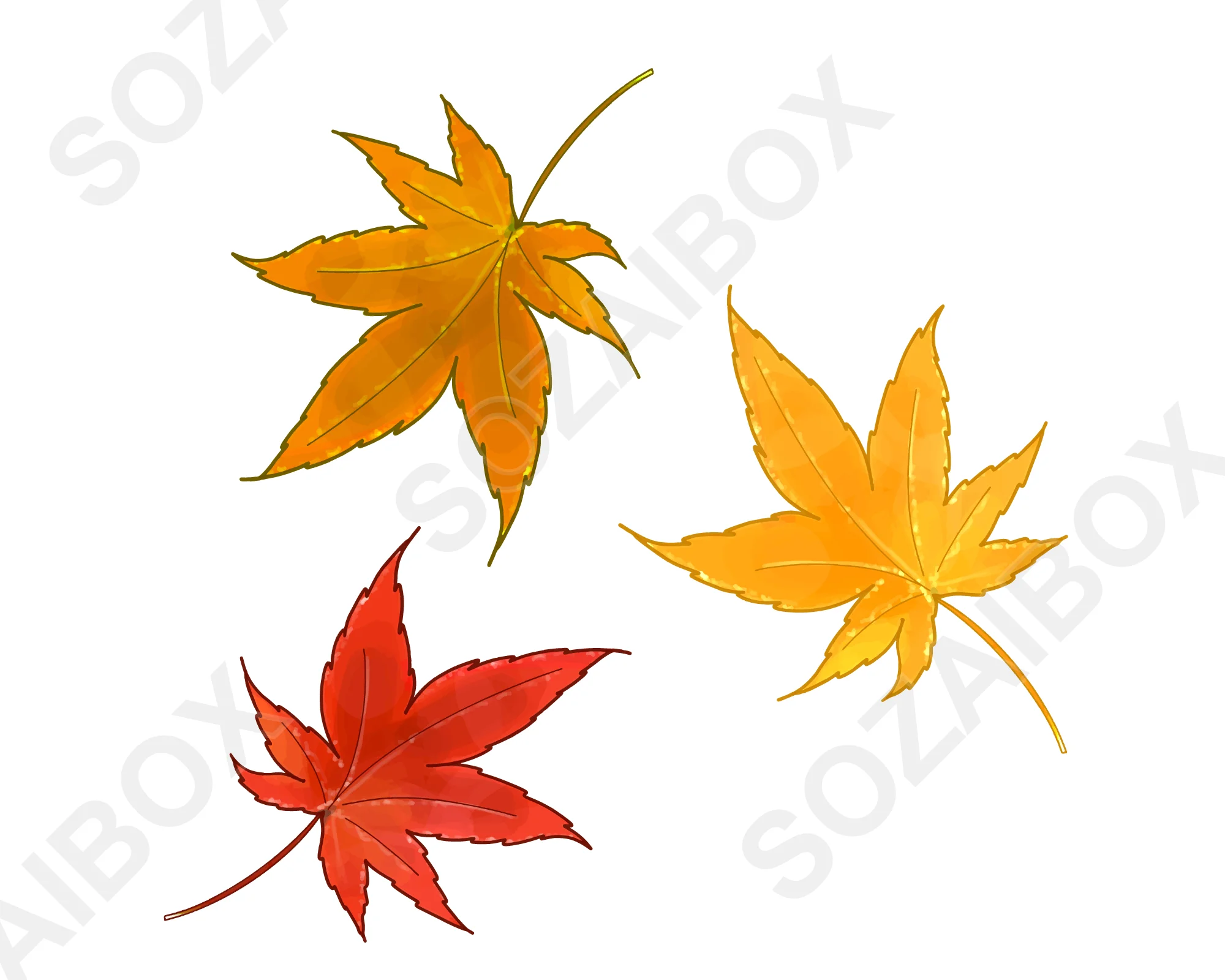 秋の紅葉もみじイラスト素材 赤・オレンジ・黄色3枚セット