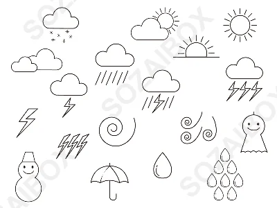 天気予報アイコンセット素材｜モノクロ
