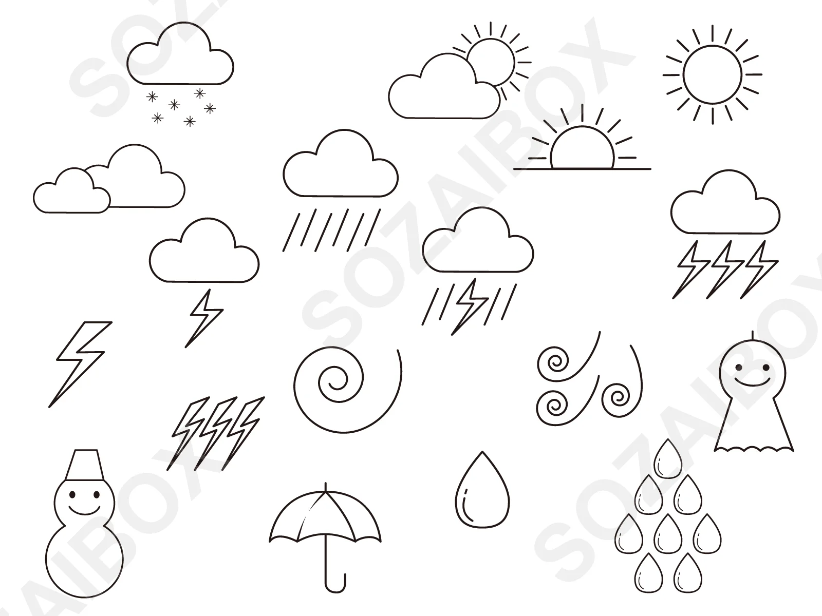 天気予報アイコンセット素材|モノクロ