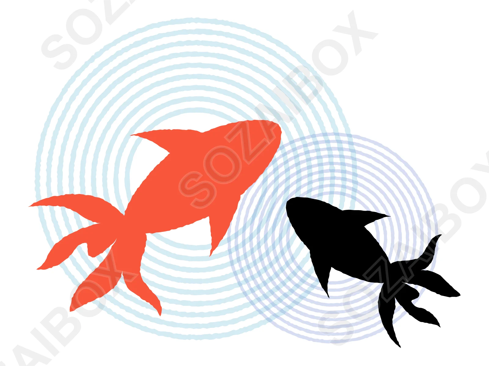 金魚イラスト素材・2匹と波紋/赤と黒の和風金魚デザイン
