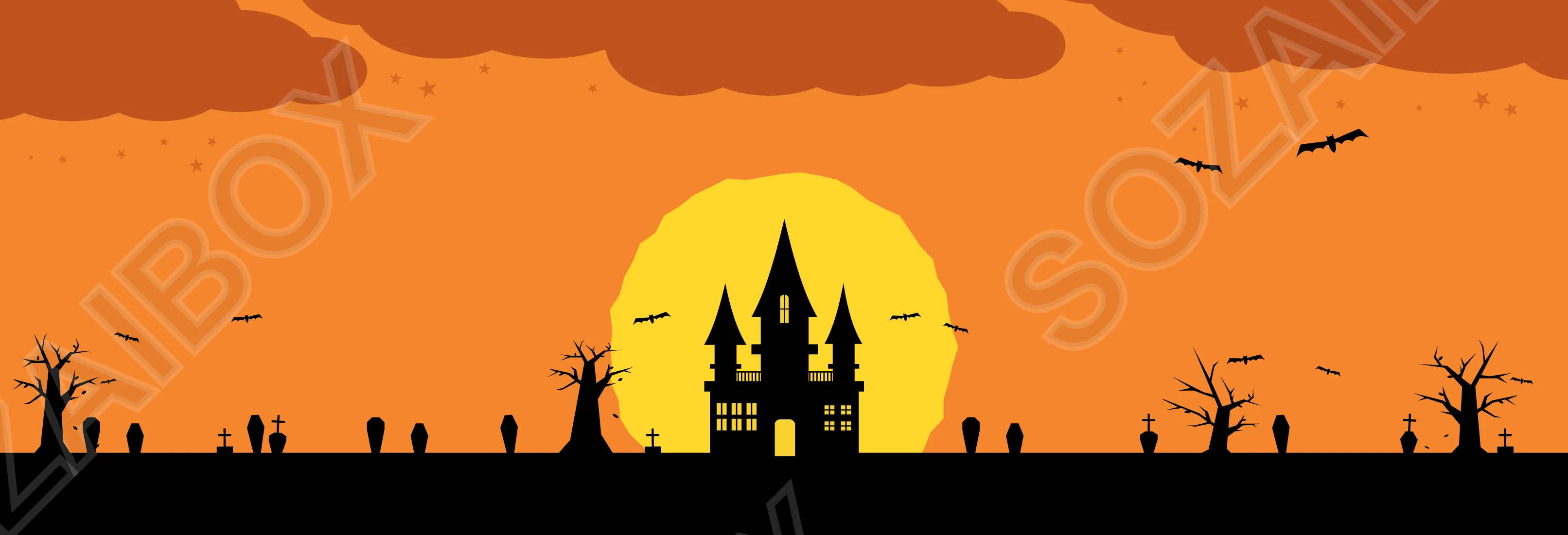 ハロウィン満月と雲の夜景横長背景